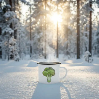 Emaille mok Broccoli – 300 ml van Ligarti, in de hand met formaat en illustratie duidelijk zichtbaar