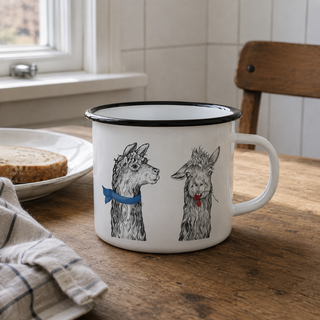 Ligarti emaille mok de lamaclub – 300 ml in een natuurlijke alledaagse omgeving, met de originele illustratie zichtbaar.