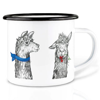 Witte Ligarti emaille mok De Lamaclub met twee lama’s.