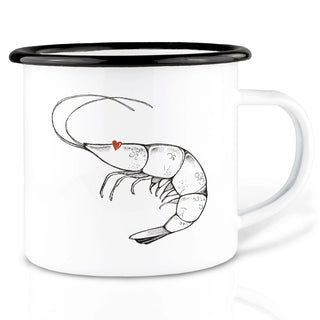 Witte Ligarti emaille mok Garnalenliefde met een garnaal en een rood hart.