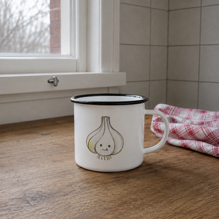 Ligarti emaille mok Knoflook 300 ml op een houten tafel bij natuurlijk keukenraamlicht.