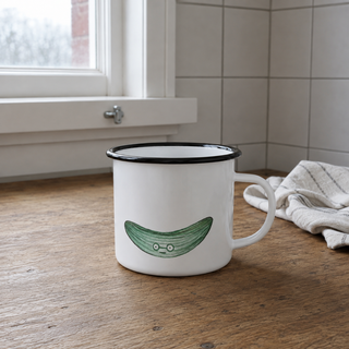 Ligarti emaille mok Komkommer 300 ml op een houten keukentafel in natuurlijk daglicht.