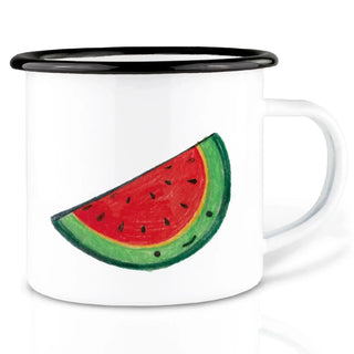 Witte Ligarti emaille mok Watermeloen (300 ml) met zwarte rand en een rood-groen watermeloenpuntje met gezicht.