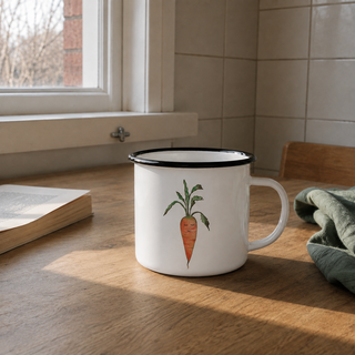 Ligarti emaille mok Wortel 300 ml op een gewone houten keukentafel met zacht avondlicht, boek en losse katoenen doek.