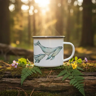 Handgemaakte emaille mok Blauwe walvis 300ml van Ligarti, gebruikt in een groene bosomgeving