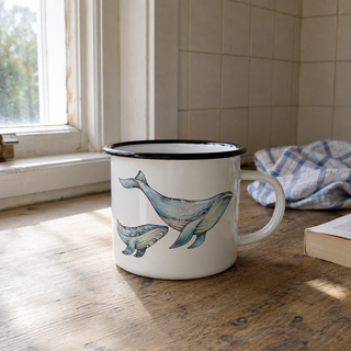 Ligarti emaille mok Blauwe walvis 300 ml bij een gewone houten keukentafel in rustig raamlicht.