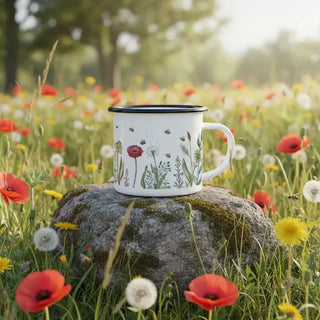 Handgemaakte emaille mok bloemenweide 300ml van Ligarti, in een natuurlijke buitenomgeving