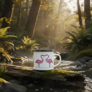 Handgemaakte emaille mok Flamingo 300ml van Ligarti, in een natuurlijke buitenomgeving