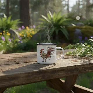 Handgemaakte emaille mok Hähnry 300ml van Ligarti, in een natuurlijke buitenomgeving