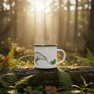 Handgemaakte emaille mok Kiwi's 300ml van Ligarti, in een natuurlijke buitenomgeving