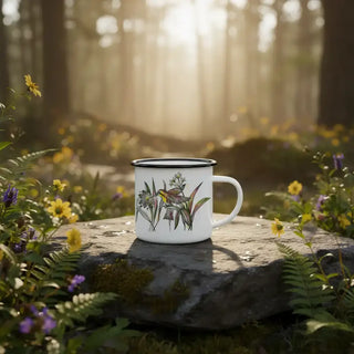 Witte emaille mok met kolibries en bloemen op een rots tussen wilde bloemen in het bos