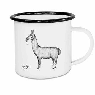Emaille mok Lama met zwarte rand en getekende lama die kersen eet