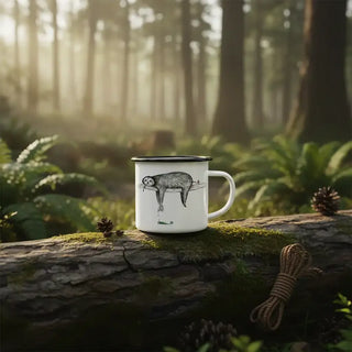 Handgemaakte emaille mok luiaard 300ml van Ligarti, in een natuurlijke buitenomgeving