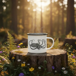Emaille mok met octopusillustratie op een boomstronk tussen bloemen in het bos