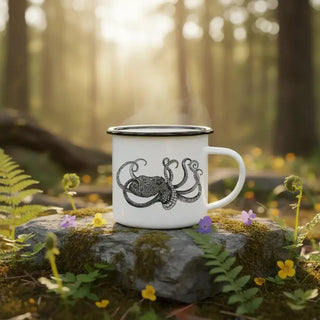 Witte emaille mok met octopusillustratie op een bemoste steen tussen bloemen in het bos