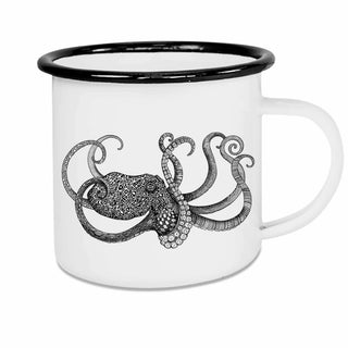 Emaille mok met zwarte rand en gedetailleerde octopusillustratie