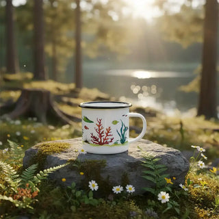 Handgemaakte emaille mok onderwaterwereld 300ml van Ligarti, in een natuurlijke buitenomgeving