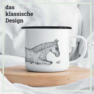 Handgemaakte emaille mok Paard 300ml van Ligarti, met het handgemaakte ontwerp duidelijk in beeld