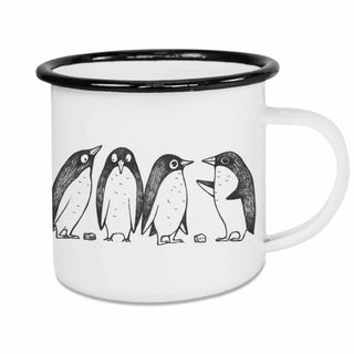 Witte emaille mok Pinguin liefdesverhaal van Ligarti met vier pinguïns en zwarte rand