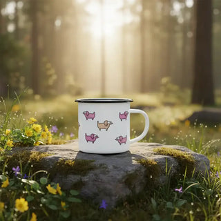 Handgemaakte emaille mok Poedelpakket 300ml van Ligarti, in een natuurlijke buitenomgeving