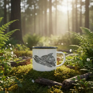 Handgemaakte emaille mok Schildpad 300ml van Ligarti, in een natuurlijke buitenomgeving