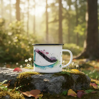 Handgemaakte emaille mok Spacerog 300ml van Ligarti, in een natuurlijke buitenomgeving