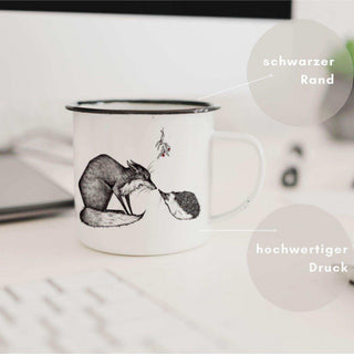 Handgefertigte Emaille-Tasse Fuchs und Igel 300ml - Het Adres