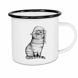 Witte emaille mok met zwarte rand en illustratie van een kat met slaapmuts