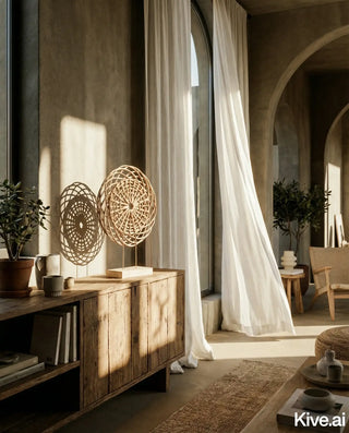 Deco object Caldera geweven naturel op standaard H60 cm van Lolaa, toegepast in een sfeervolle interieursetting