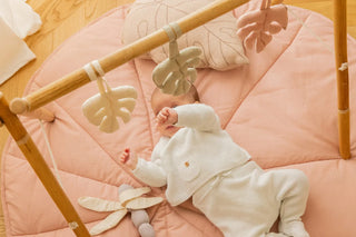 Baby op een roze Water Lily-speelmat met libellespeeltje onder een houten babygym.