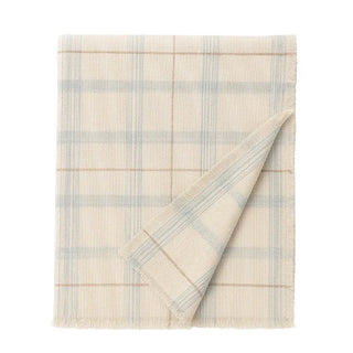 Gevouwen Tartan-sprei met blauw ruitpatroon op witte achtergrond.