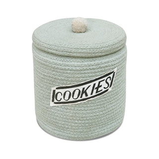 Blauwgroene Cookie Jar-mand met deksel en Cookies-etiket.