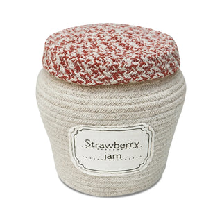 Naturel Jam Jar-mand met rood gespikkeld deksel en Strawberry jam-etiket.