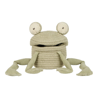 Mini Fred the Frog-opbergmand met olijfgroene koordstructuur, ronde pomponogen en stoffen kikkerpoten.