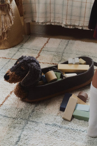 Sparky-hondenmand met speelgoed op een vloerkleed.