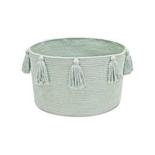 Blauwgroene open mand met kwasten.