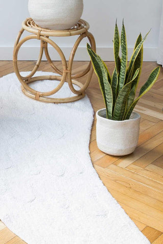 Mini Tricolor Ivory mand met een plant naast een rotan kruk