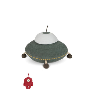 UFO-vormige mand met deksel en losse rode figuur.