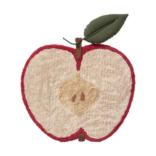 Appelvormig vloerkleed met rode rand en groen blad.