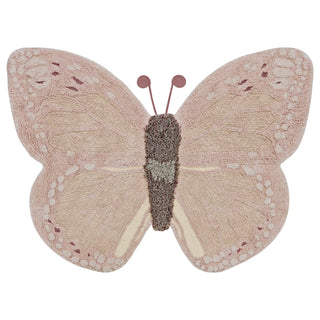 Roze vlindervormig Babut-vloerkleed met voelsprieten en reliëf in de vleugels.