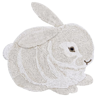 Naturelkleurig Bunny-vloerkleed in konijnvorm, met oren, poten en donker oog.