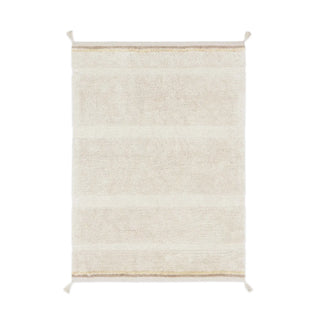 Naturel vloerkleed met lichte banen en hoekkwasten.