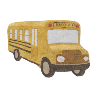 Vloerkleed in de vorm van een gele schoolbus.