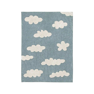 Blauw vloerkleed met witte wolken.