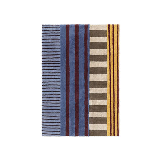 Rechthoekig Color On-vloerkleed met blauwe, bordeauxrode en gele banen.