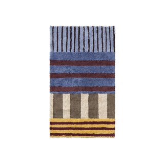 Compact Color On-vloerkleed met blauwe, bordeauxrode en gele banen.
