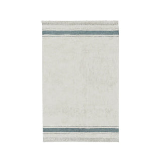 Naturel vloerkleed met blauwe banen langs de uiteinden.