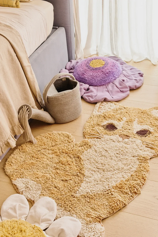 Ginger-kattenvloerkleed naast een bed en een mand.