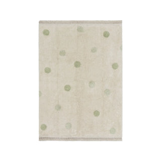 Naturel Hippy Dots-vloerkleed met olijfgroene stippen. Op witte achtergrond.