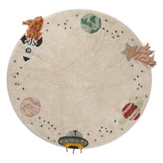 Rond naturel vloerkleed met planeten, raket en ster met franjes.